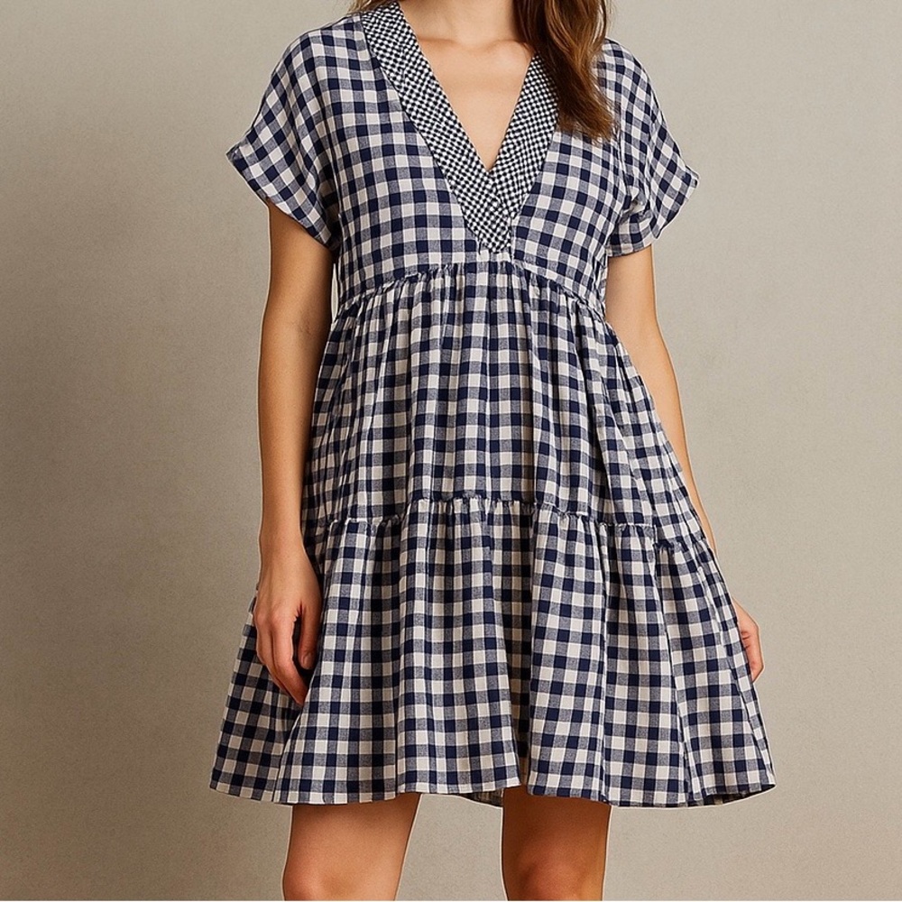 11:11 Tylho Gingham Dress Women M Navy White Checkered V-Neck A-Line Cottagecore